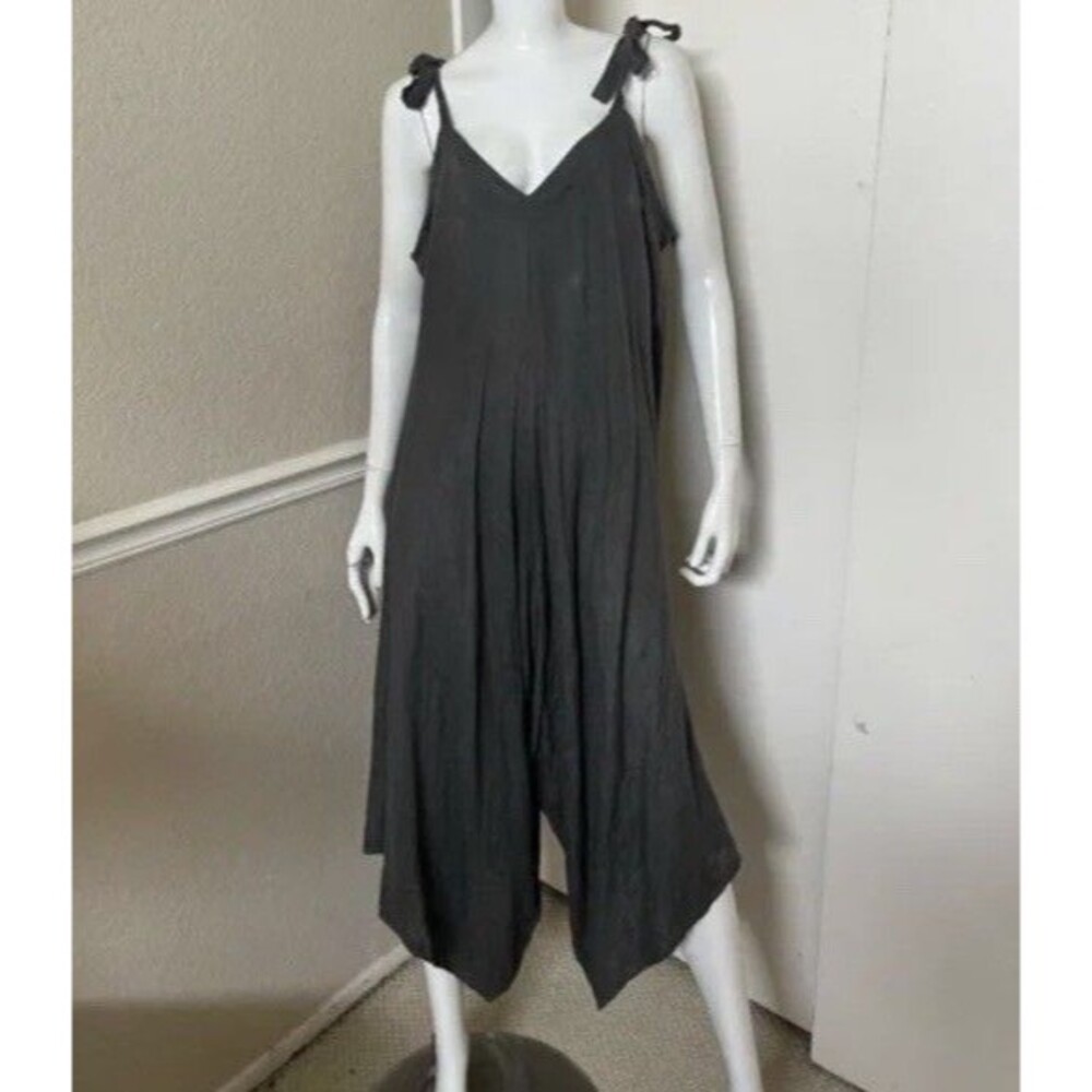 CATWALK STUDIO Gray Linen Tied Straps LAGENLOOK Minimalist Harem Jumpsuit O/S